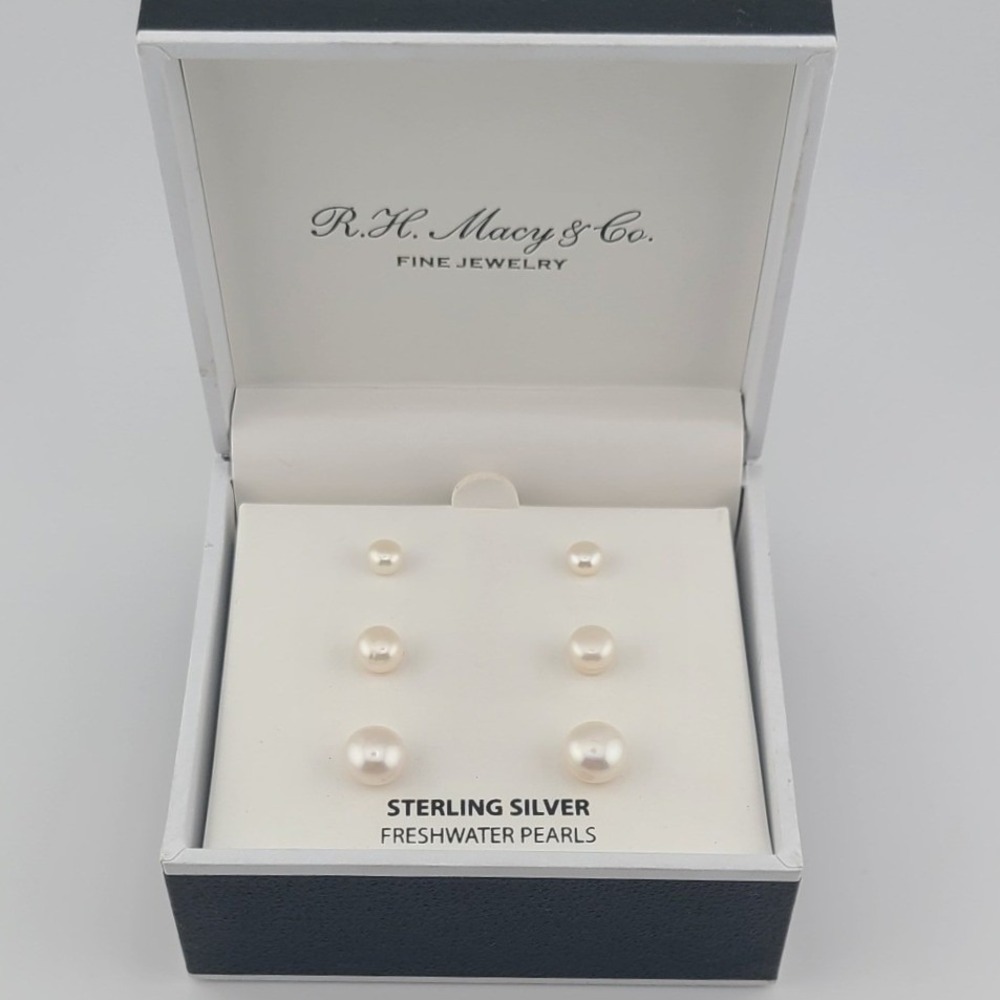 RH Macy & Co Sterling Silver Freshwater Pearl Stud Earring Set 3 Pairs White